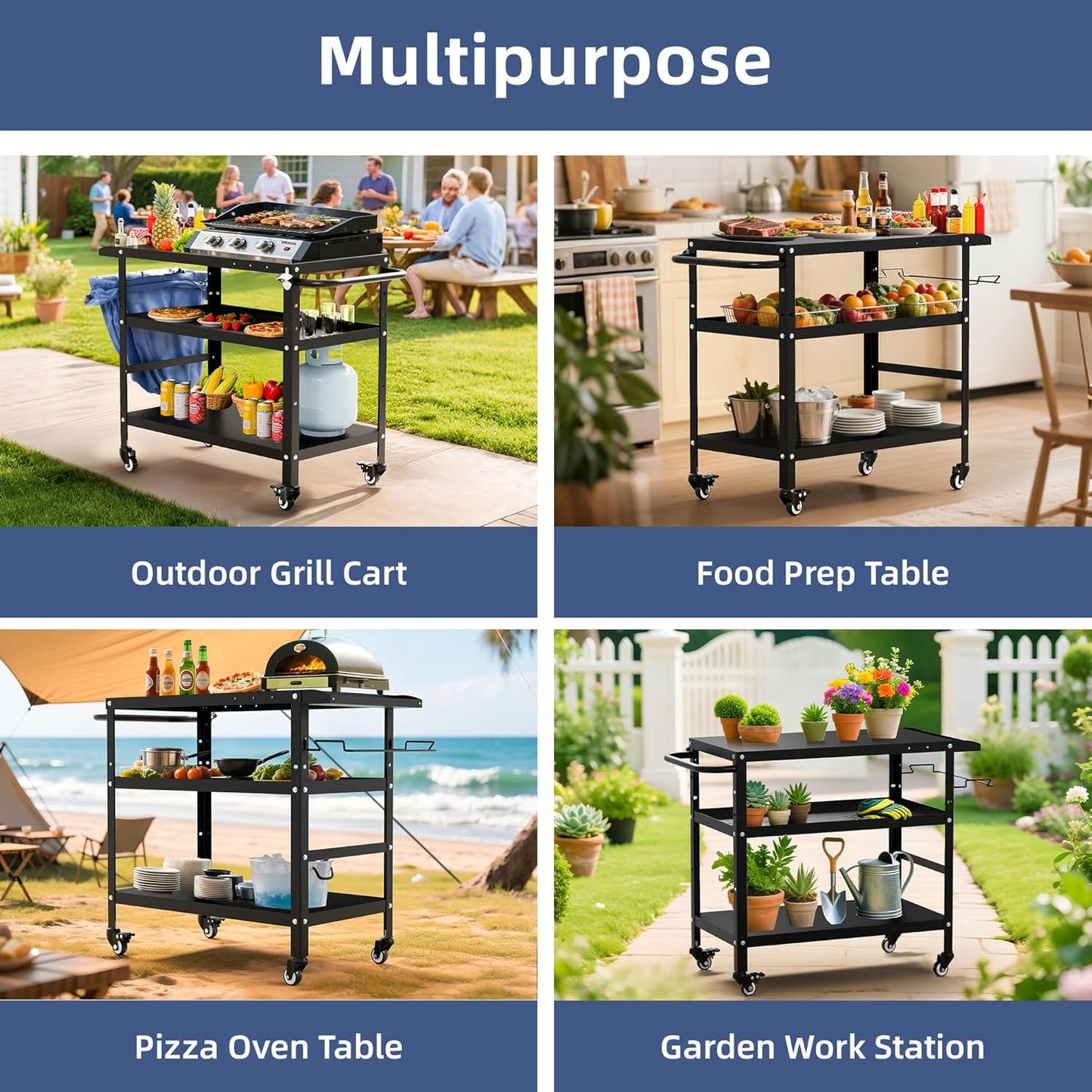 Outdoor Grill Cart, Grill Tables for Outside, Grill Carts Outdoor with Wheels, BBQ Cart Outdoor Prep Table, Pizza Oven Table for Outside, Griddle, Patio