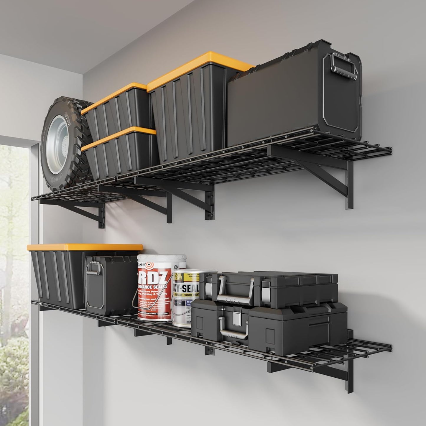4 Pack Heavy Duty Garage Wall Shelving Set (2x3ft), Wall Mounted Garage Shelves 1000lbs Capacity, 24"x72" Shelf Storage Rack Floating Shelves, Black