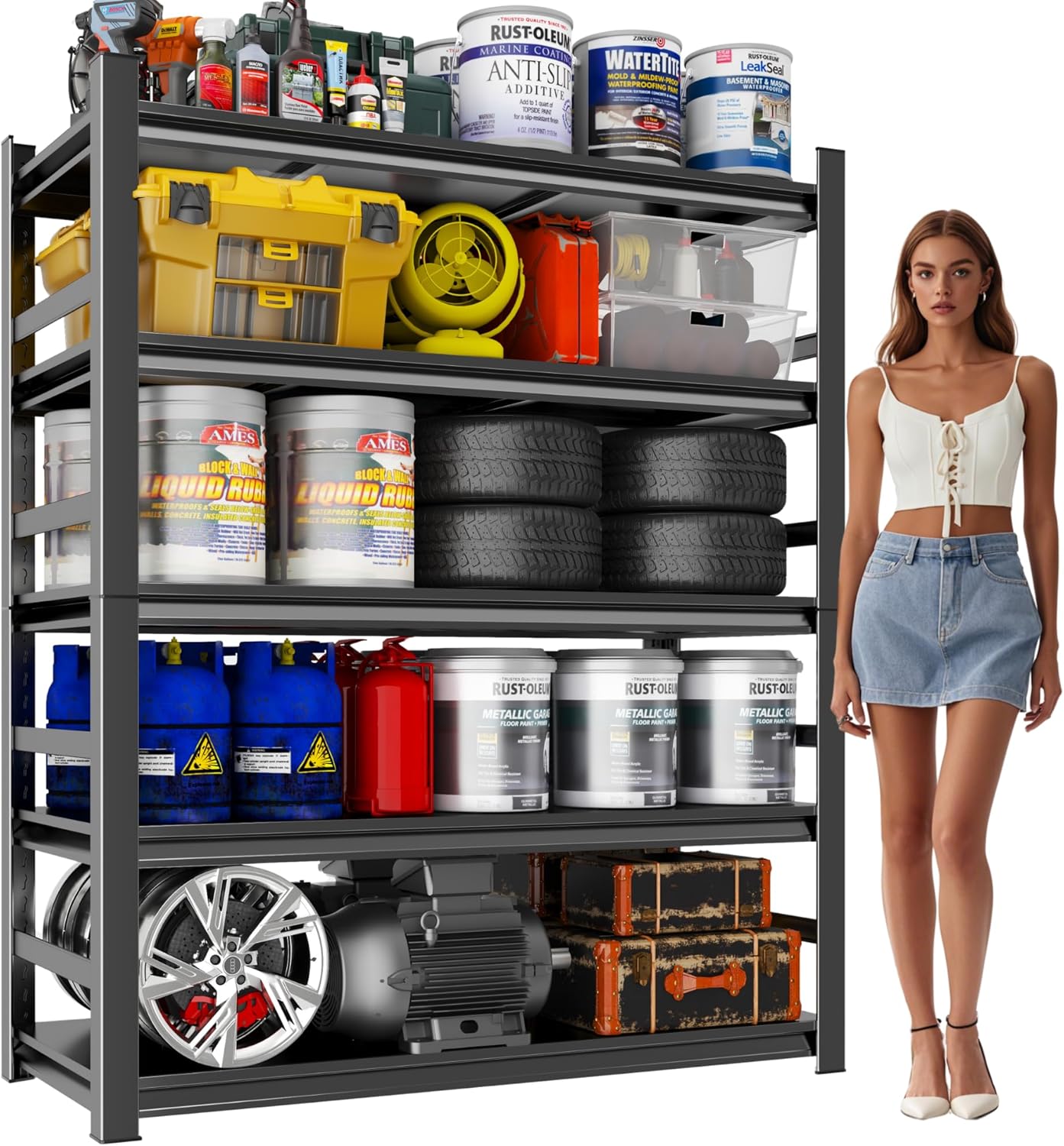 Garage Shelving, 72" H × 48" W Heavy Duty Metal Shelving - Easy to Assemble, Adjustable 5-Tier Storage Shelves, Double-Thickened Columns, 3000 lbs Capacity, for Garage, Pantry Storage, Black