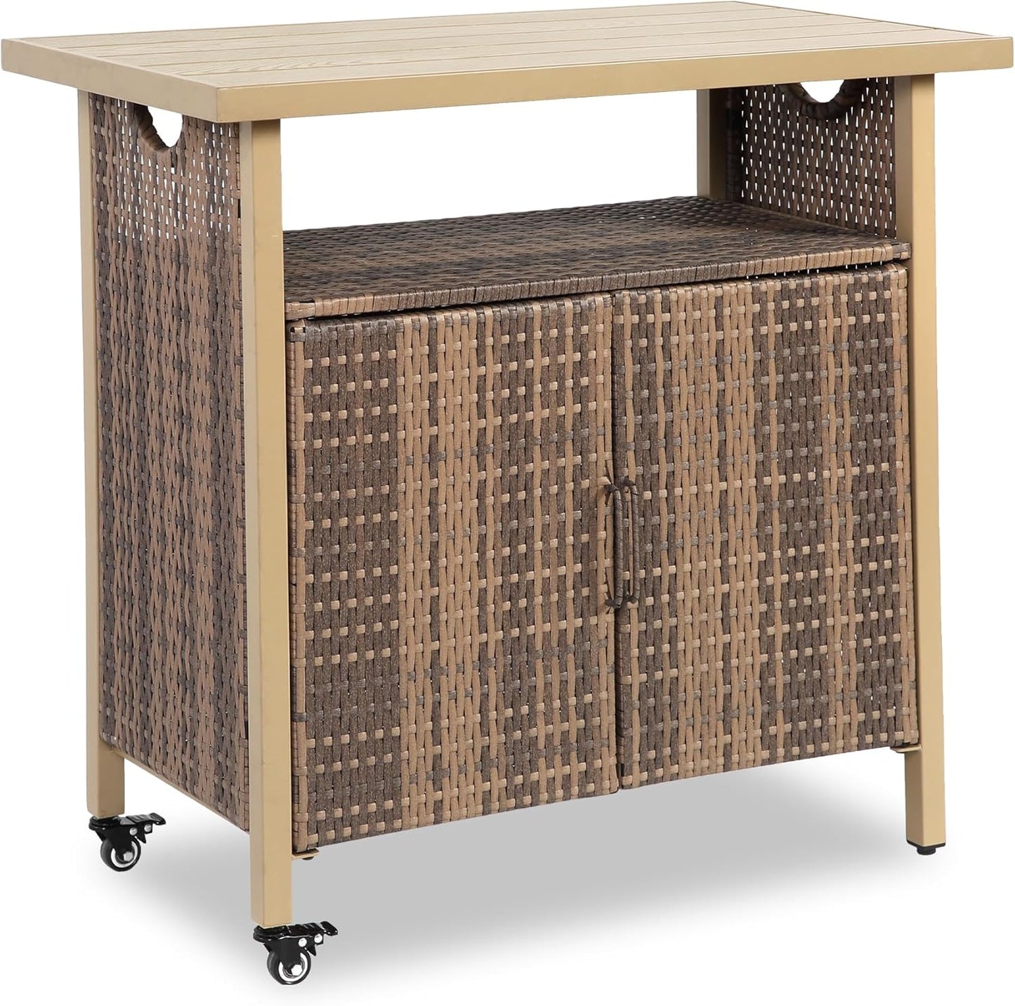 HOMEFUN Outdoor Bar Table Featuring Storage Cabinet: Wheeled Patio Serving Carts, Wicker Grill Cart Prep Station & Rolling Kitchen Island for Patio, Backyard and Outside Use, in Black