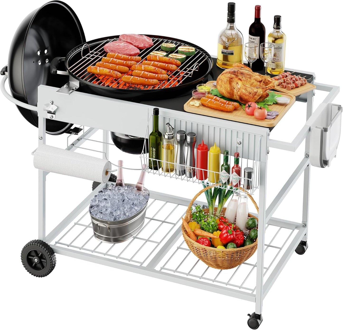 JY QAQA Outdoor Grill Cart with Storage,Patio Kitchen Island Outdoor Grill Table with Wheels,BBQ Cart Movable Pizza Oven Table Stand, Storage Cabinet, Foldable Tabletop, (Black)