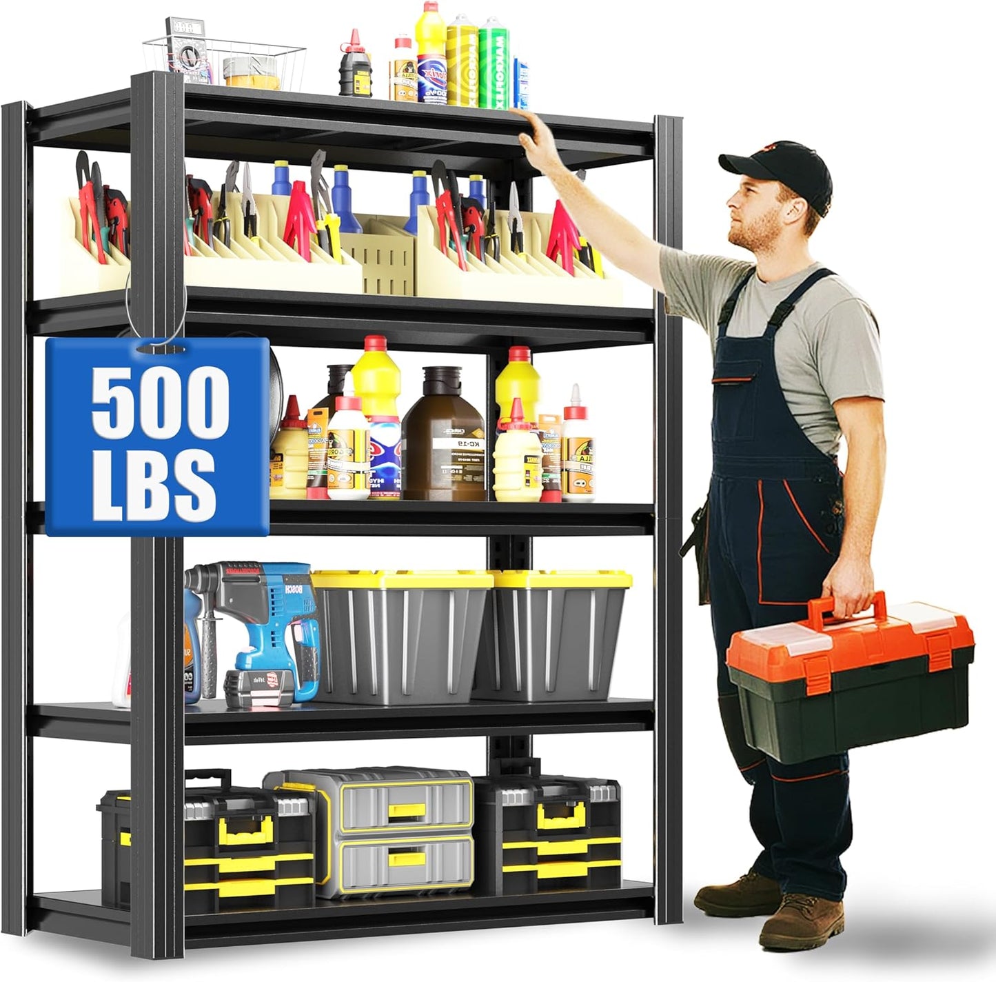 72" H Garage Shelving 2500 LBS Heavy Duty Storage Shelves, Adjustable 5 Tier Metal Shelving Unit, Metal Racks for Storage, Utility Shelves for Workshop, Basement, Home Office 72" H*35.4"W*15.7"D