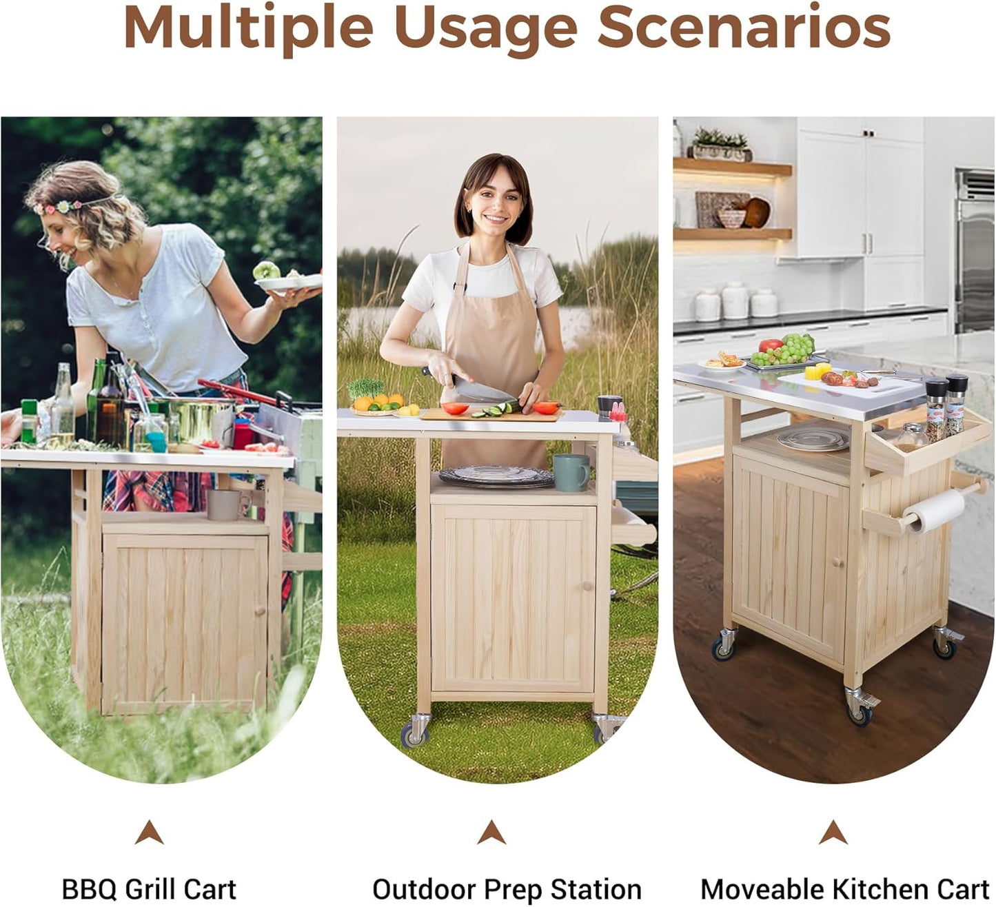 COOLBEBE Portable Outdoor Grill Table with Storage Cabinet, Moveable Solid Wood Outdoor Grill Cart with Wheels, Stainless Steel Top BBQ Cart Prep Table for Outside