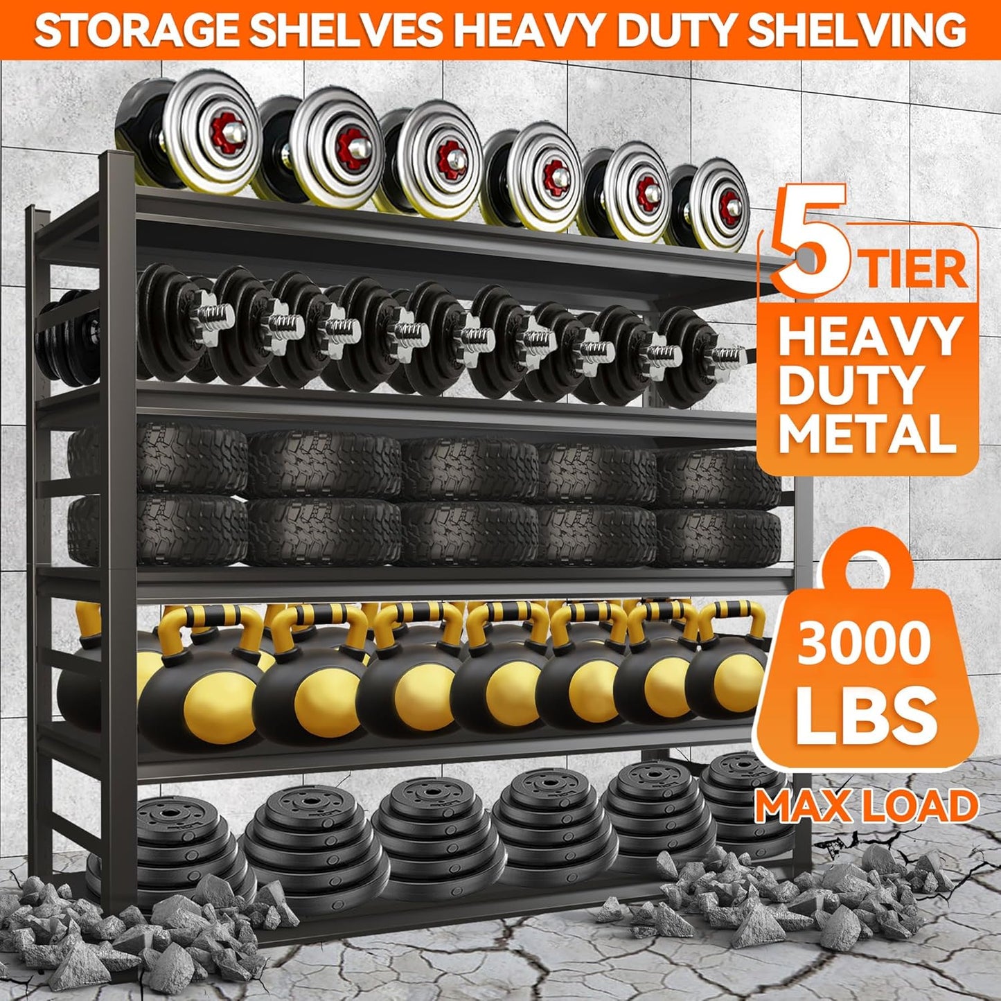 Garage Shelving, 72" H × 48" W Heavy Duty Metal Shelving - Easy to Assemble, Adjustable 5-Tier Storage Shelves, Double-Thickened Columns, 3000 lbs Capacity, for Garage, Pantry Storage, Black