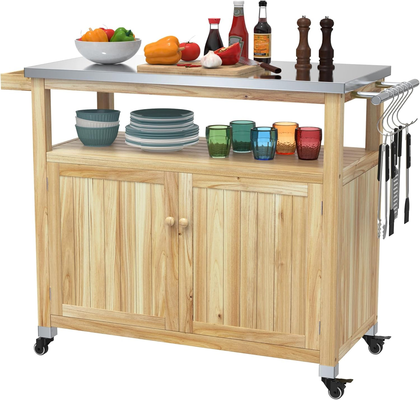 GDLF Outdoor Storage Cabinet Solid Wood Prep Grill Table with Stainless Steel Top Waterproof Cover Dark Brown