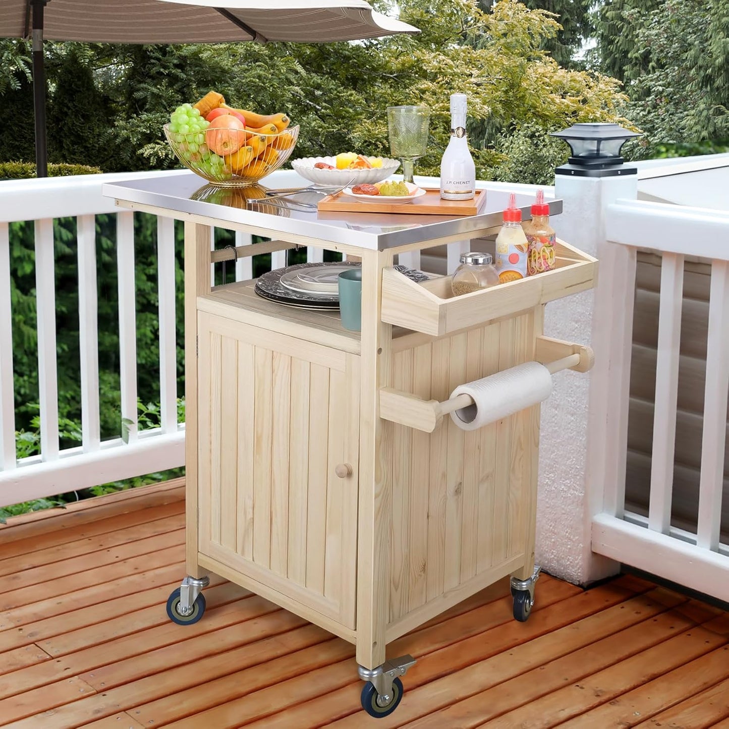 COOLBEBE Portable Outdoor Grill Table with Storage Cabinet, Moveable Solid Wood Outdoor Grill Cart with Wheels, Stainless Steel Top BBQ Cart Prep Table for Outside