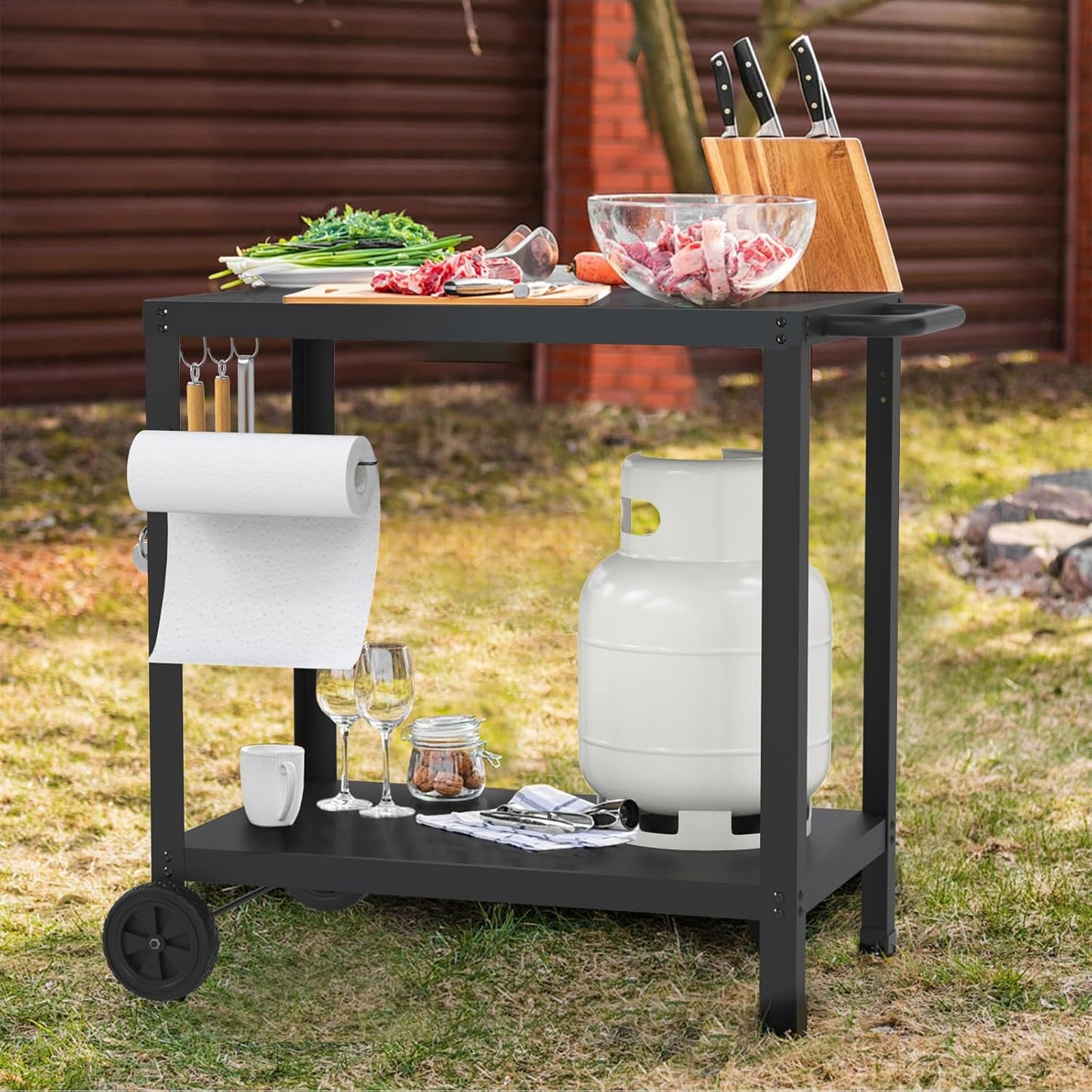 32x20IN Double-Shelves Grill Table, Outdoor Grill Cart for Blackstone Griddle, Movable Pizza Oven Table Cart for Outside Patio, Kitchen Cooking Food Prep Table for Party