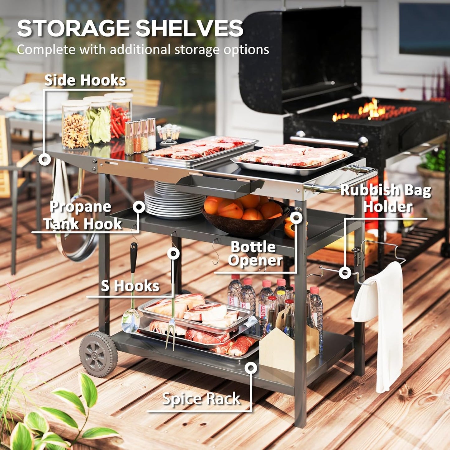 Outsunny Outdoor Grill Cart with Stainless Steel Tabletop, Three-Shelf Movable Grill Table with Wheels, Outdoor Pizza Oven Stand Serving Bar Cart Prep Table with Storage, Hooks for Patio, Backyard