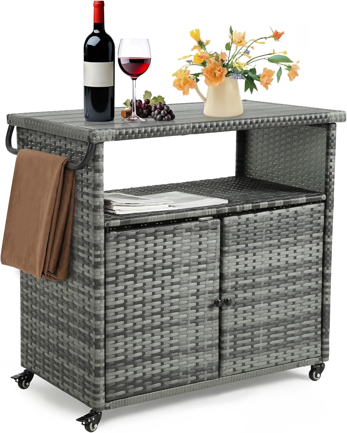 HOMEFUN Outdoor Bar Table Featuring Storage Cabinet: Wheeled Patio Serving Carts, Wicker Grill Cart Prep Station & Rolling Kitchen Island for Patio, Backyard and Outside Use, in Black