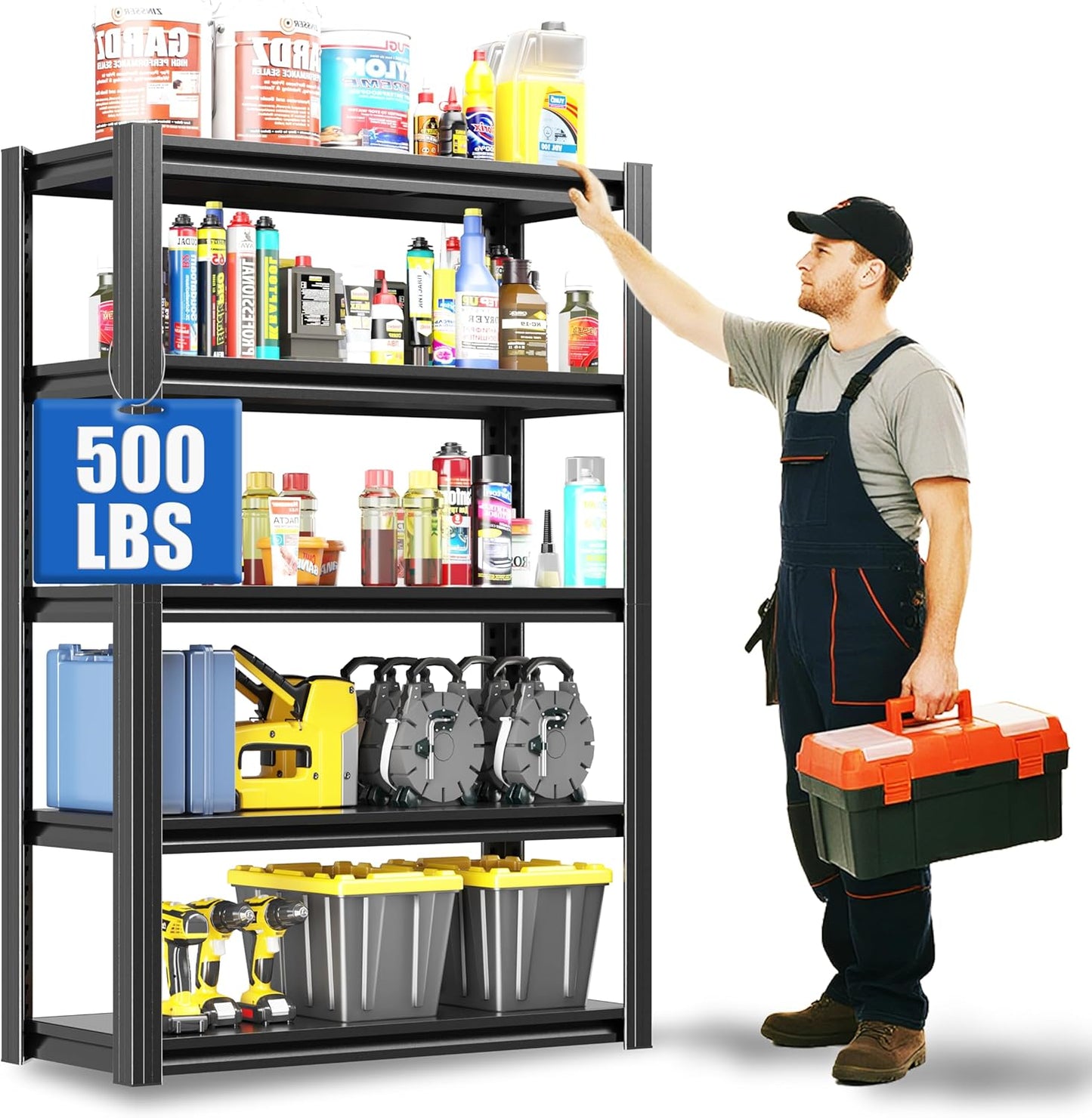 72" H Garage Shelving 2500 LBS Heavy Duty Storage Shelves, Adjustable 5 Tier Metal Shelving Unit, Metal Racks for Storage, Utility Shelves for Workshop, Basement, Home Office 72" H*35.4"W*15.7"D