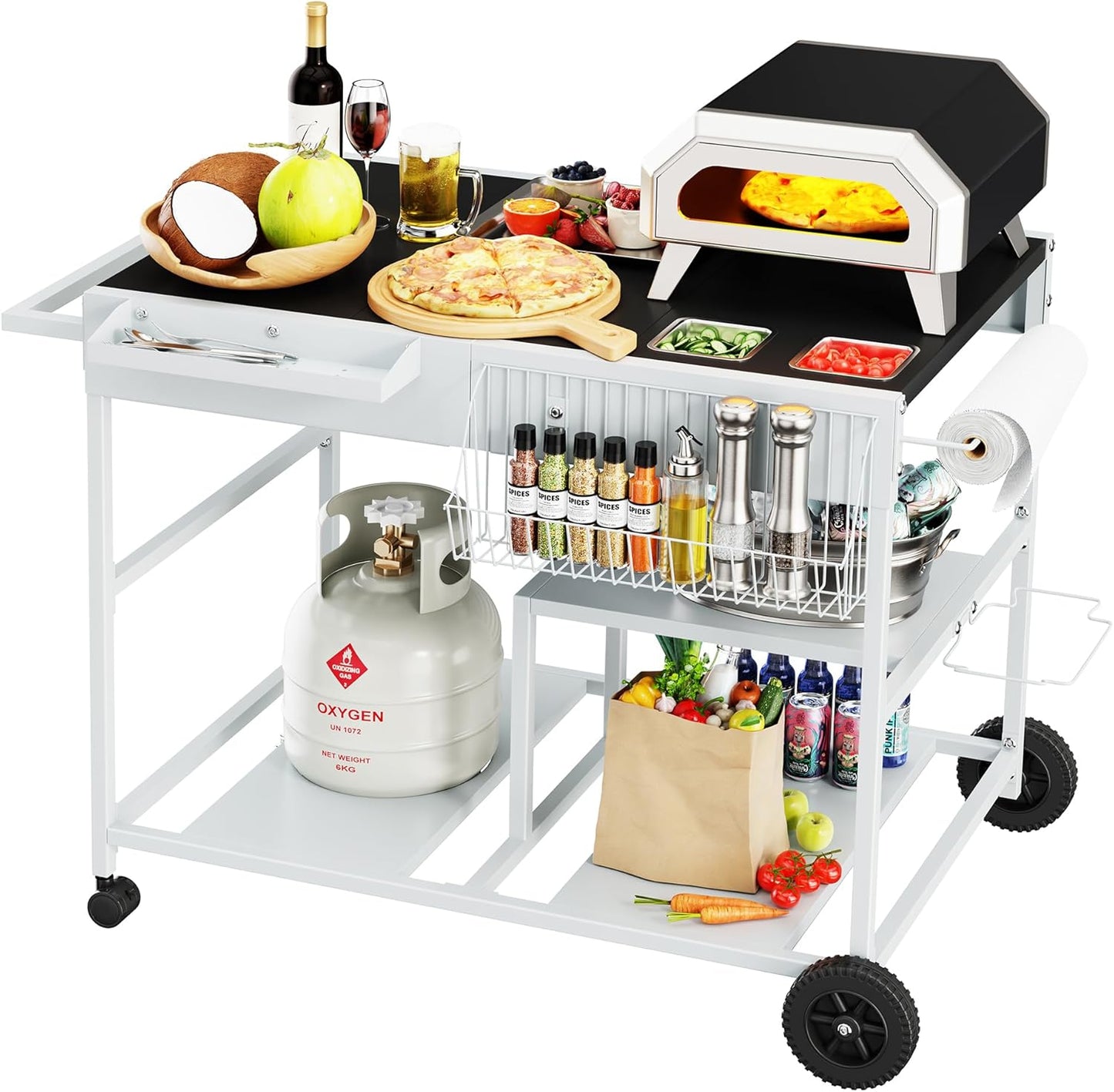 JY QAQA Outdoor Grill Cart with Storage,Patio Kitchen Island Outdoor Grill Table with Wheels,BBQ Cart Movable Pizza Oven Table Stand, Storage Cabinet, Foldable Tabletop, (Black)