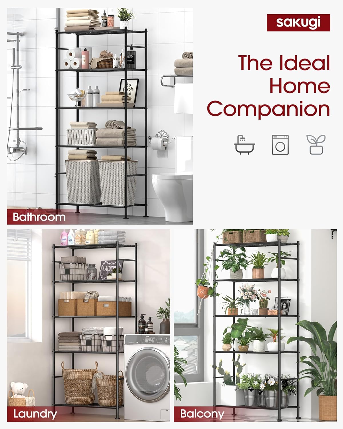 Storage Shelves - Set of 2, 5-Tier Large Metal Shelf Organizer, Heavy-Duty Garage Shelving with Leveling Feet, Stable Shelves Organizer for Pantry, Kitchen, Basement, 33.5" x 12.6" x 72", Black