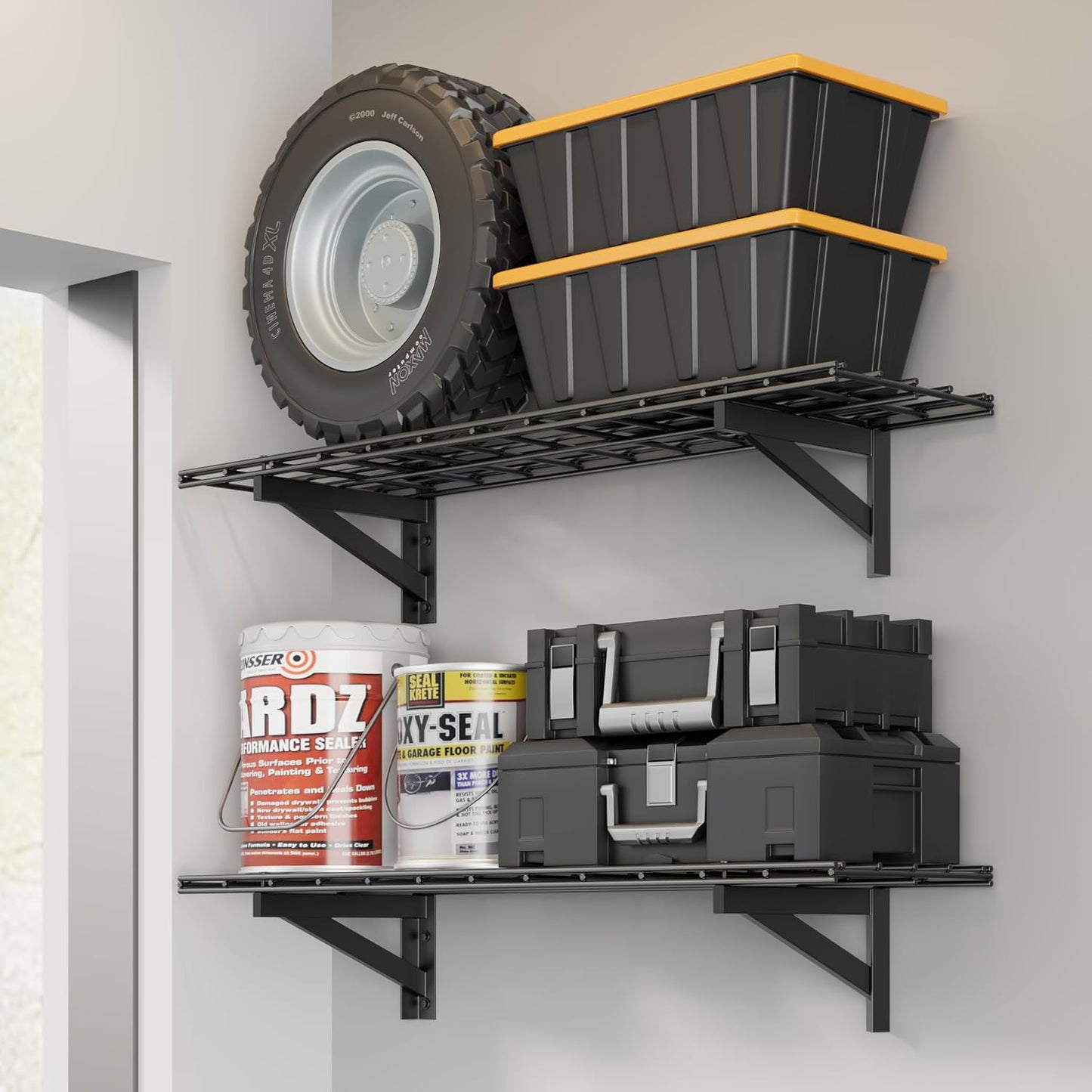 4 Pack Heavy Duty Garage Wall Shelving Set (2x3ft), Wall Mounted Garage Shelves 1000lbs Capacity, 24"x72" Shelf Storage Rack Floating Shelves, Black