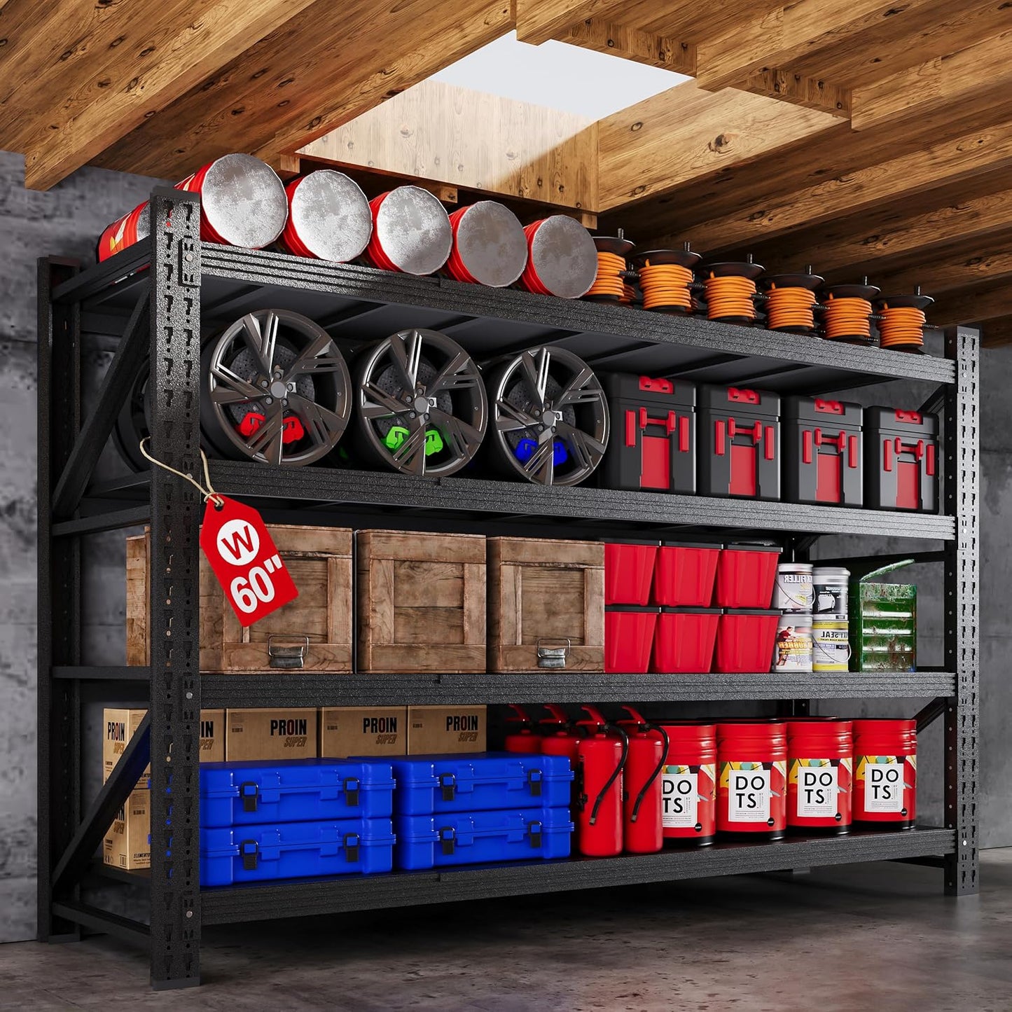 71” W Storage Shelves Heavy Duty, 5000LBS Metal Garage Shelving Units, 4 Tier Storage rack shelf, Steel Industrial Shelving , Adjustable Standing Shelf for Basement/Warehouse 71"W x 24"D x 70"H, Black