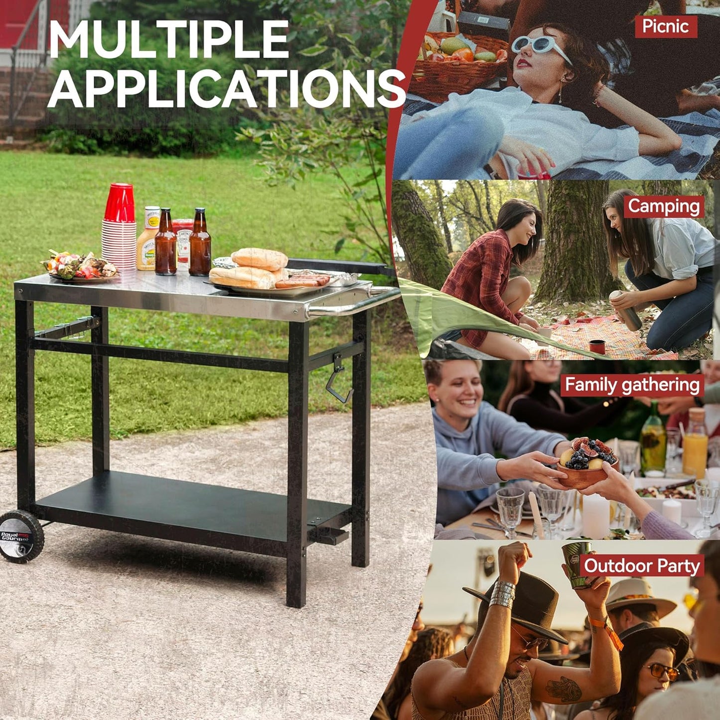 Royal Gourmet Dining Cart Table with Double-Shelf, Movable Stainless Steel Flattop Grill Cart, Hooks, Side Handle, Multifunctional PC3401S (Silver)