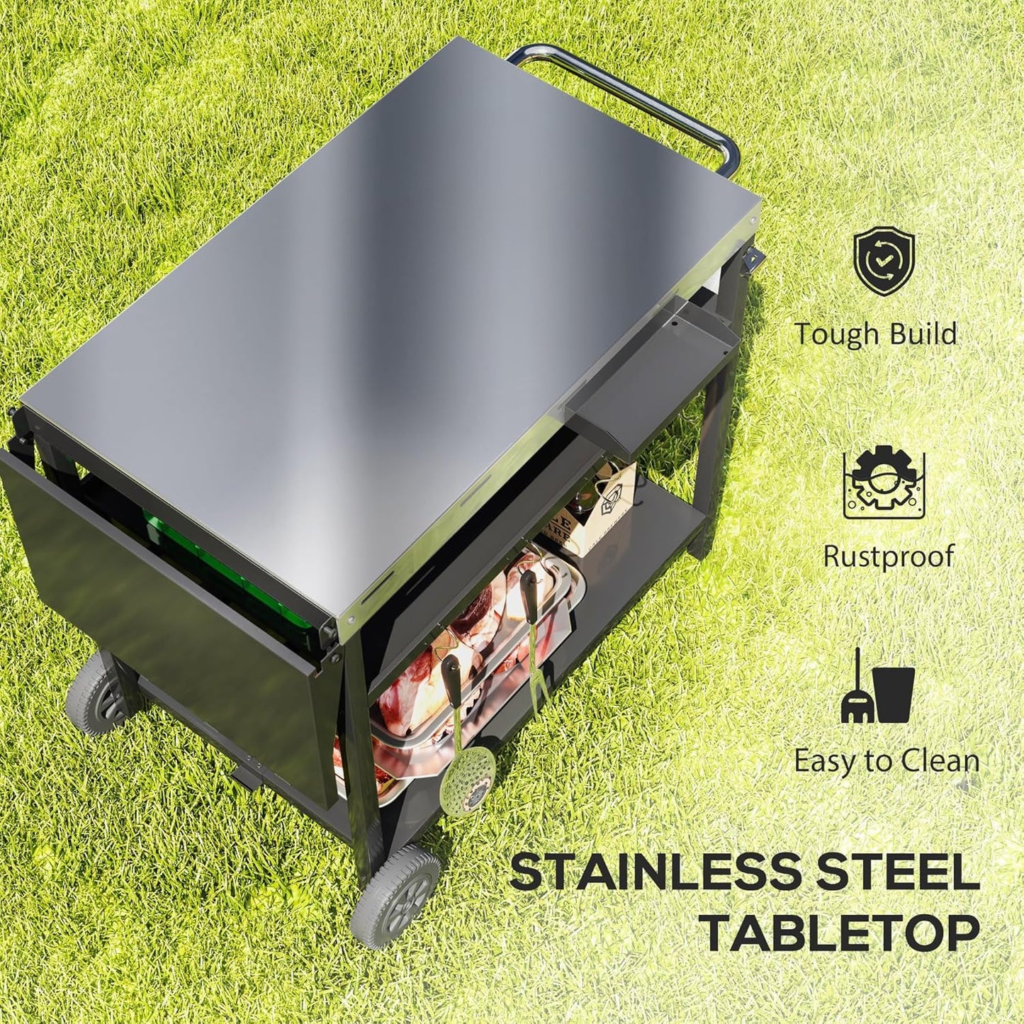Outsunny Outdoor Grill Cart with Stainless Steel Tabletop, Three-Shelf Movable Grill Table with Wheels, Outdoor Pizza Oven Stand Serving Bar Cart Prep Table with Storage, Hooks for Patio, Backyard