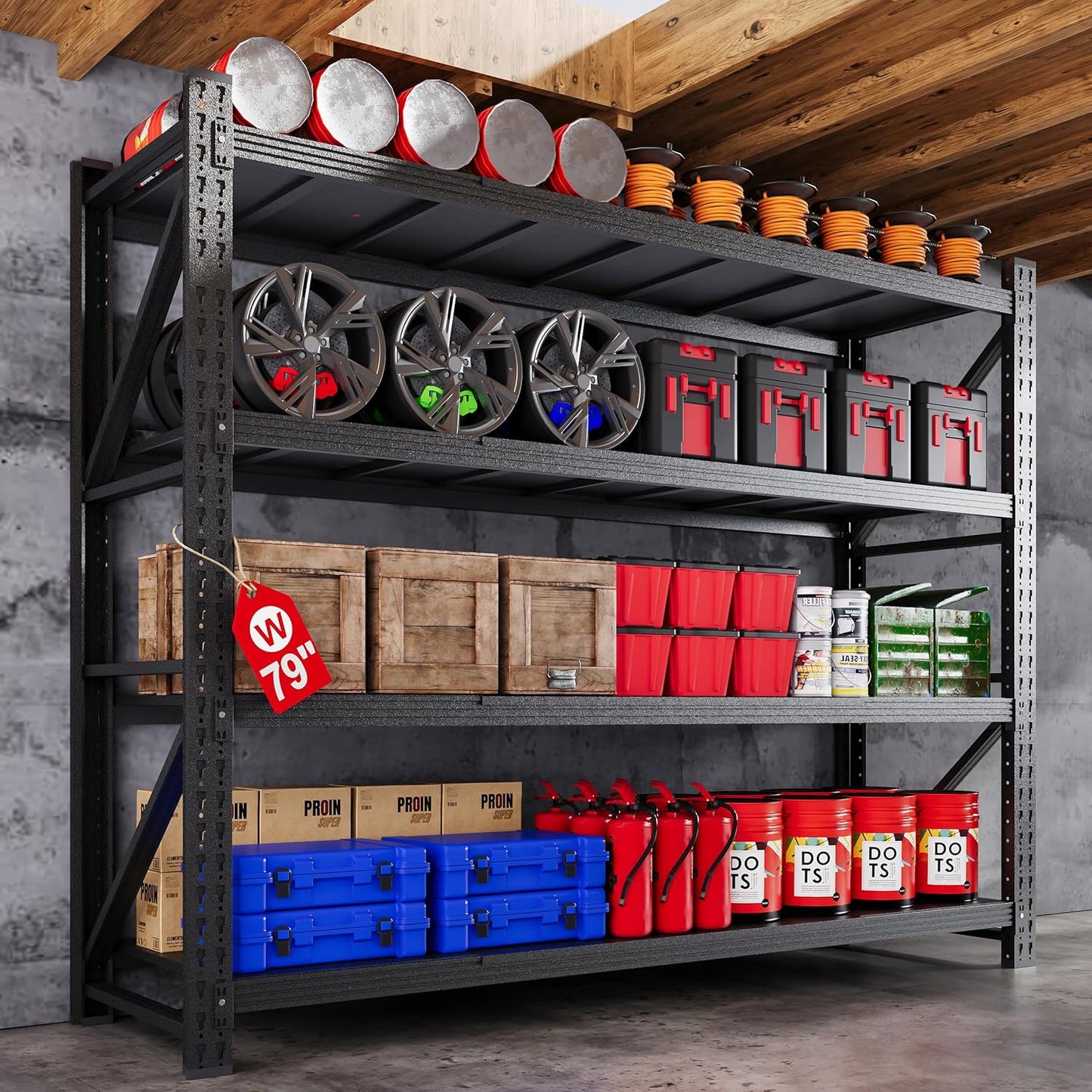 71” W Storage Shelves Heavy Duty, 5000LBS Metal Garage Shelving Units, 4 Tier Storage rack shelf, Steel Industrial Shelving , Adjustable Standing Shelf for Basement/Warehouse 71"W x 24"D x 70"H, Black