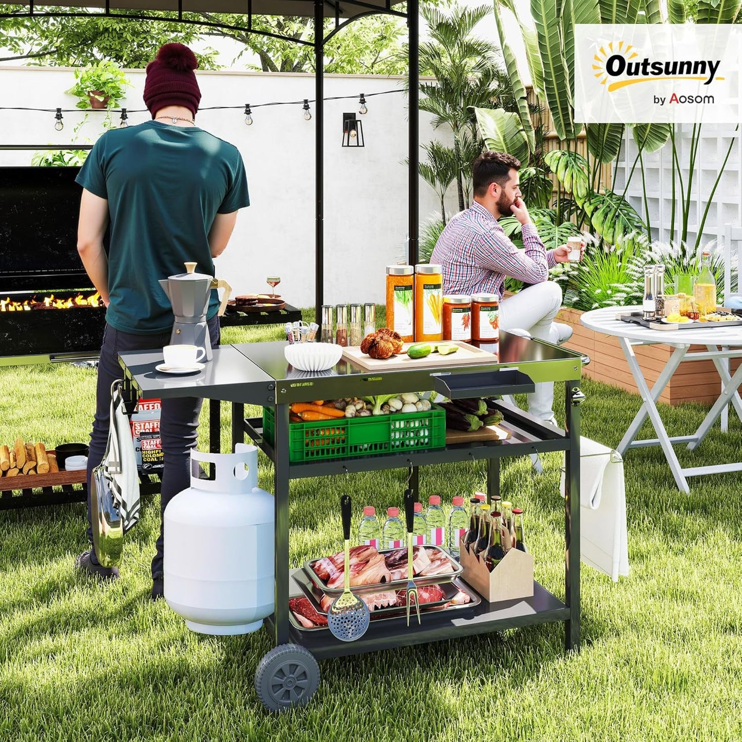 Outsunny Outdoor Grill Cart with Stainless Steel Tabletop, Three-Shelf Movable Grill Table with Wheels, Outdoor Pizza Oven Stand Serving Bar Cart Prep Table with Storage, Hooks for Patio, Backyard