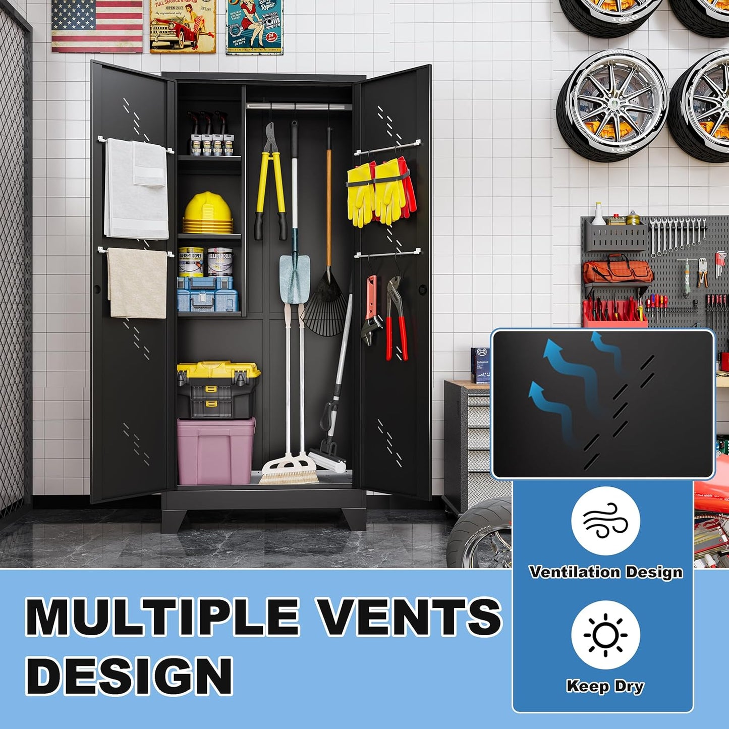 75" Heavy-Duty Metal Storage Cabinet with Lock - Wide & Deep Steel Tool Locker for Garage, Basement, Home Office - Outdoor/Indoor Pantry Organizer Cabinet