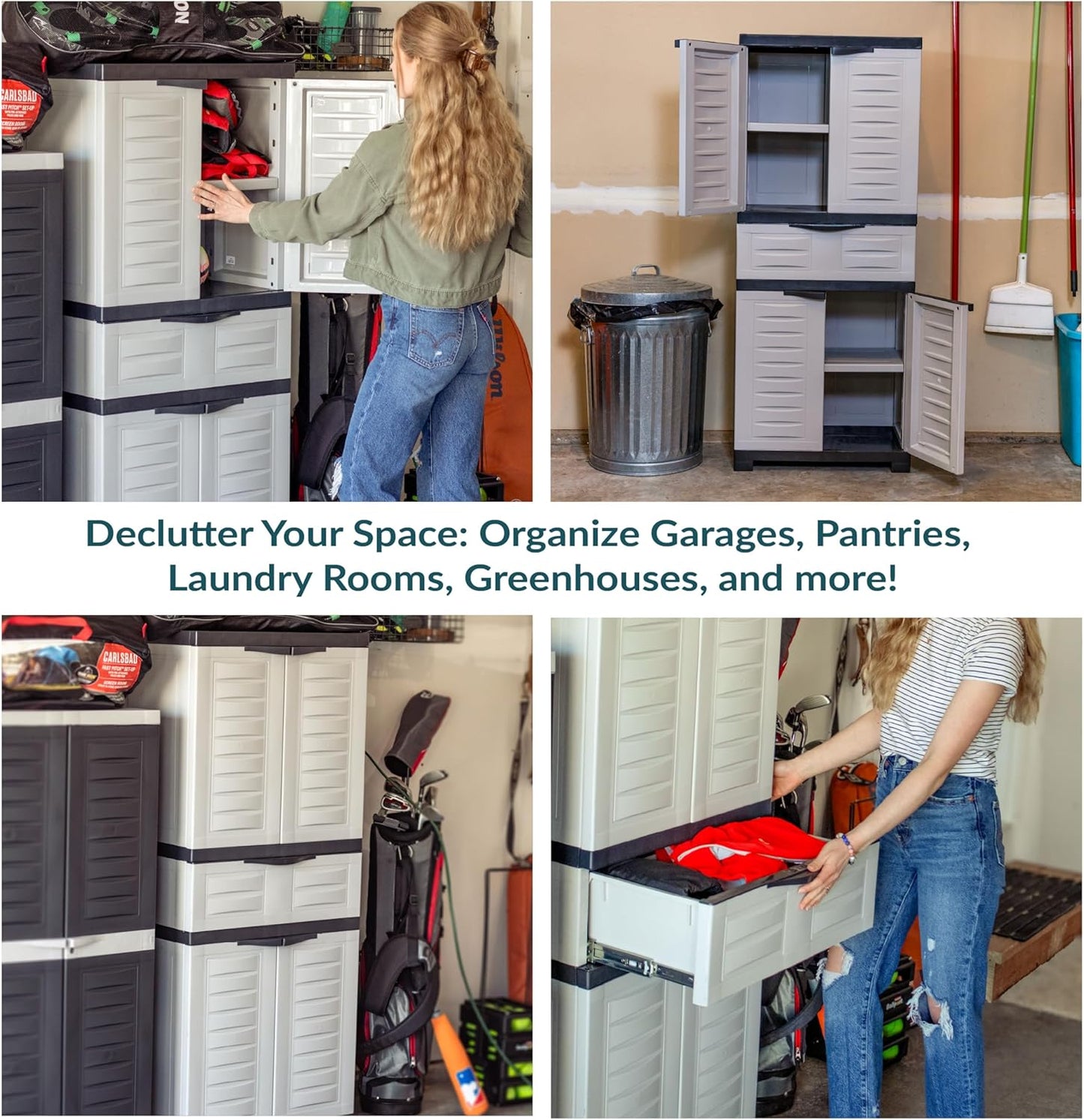 Sunnydaze Plastic Garage Storage Cabinet with 2 Adjustable Shelves - 57" H - Garage, Office, Home, Laundry Room - Gray with Charcoal Trim