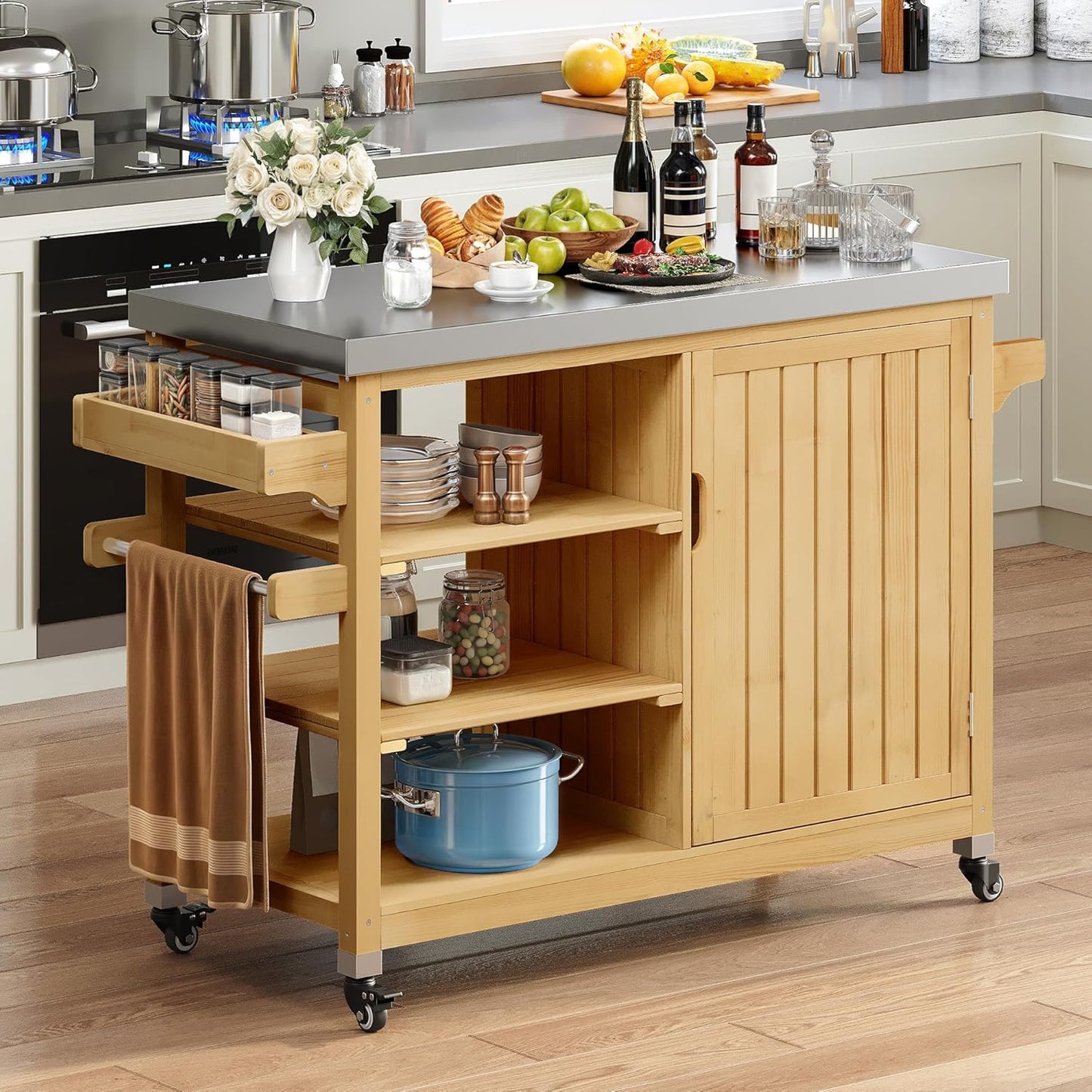 DWVO XL Outdoor Grill Cart, Solid Wood Grill Table, Prep Table with Stainless Steel Top, Outdoor Kitchen Cart with Storage Cabinet for Patio, Grilling Accessories, Light Brown