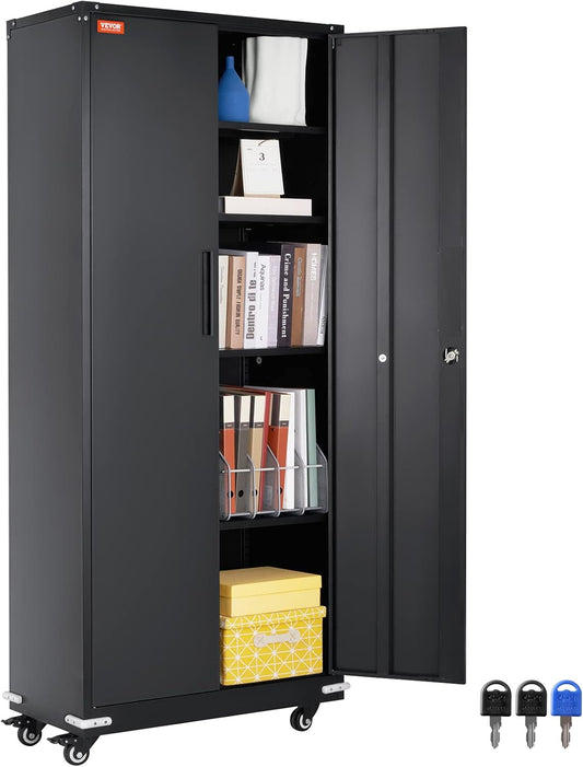 VEVOR Storage Wheels 75 in Locking 4 Adjustable Shelves & 2 Magnetic Doors, 200 lbs Capacity per Shelf, Metal Cabinet with 3 Keys for Home, Office, Garage, Black, C1-ETA-9005S（L）