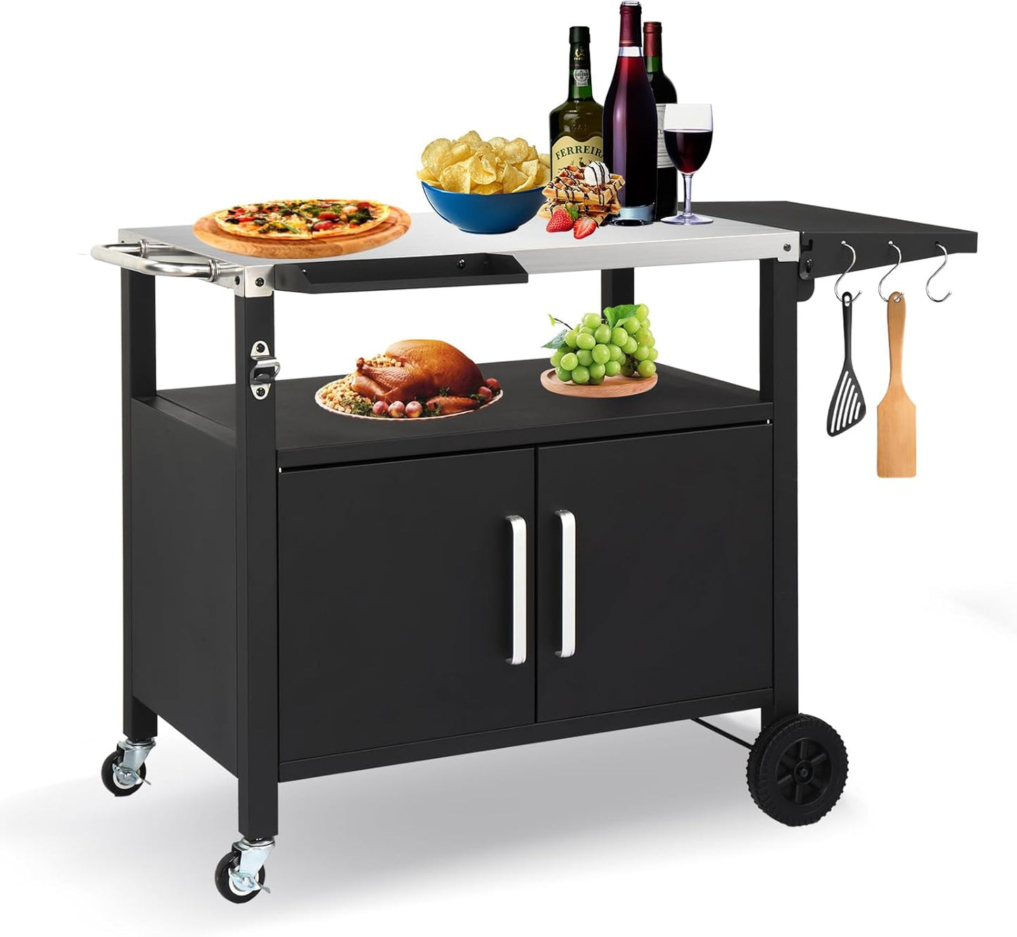 Outvita Outdoor Grill Cart, Movable Food Prep and Work Cart Table, Pizza Oven Stand Table with Wheels, Indoor & Outdoor Multifunctiona Stainless Steel Flattop BBQ Table for Home Party Camping