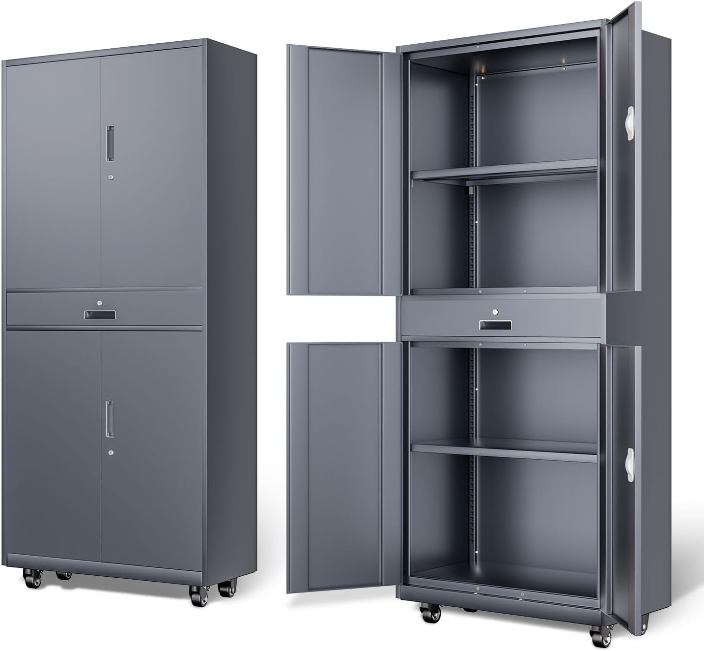 DNA MOTORING 71'' Metal Storage Cabinet, Locking Tool Cabinet with 1 Drawer and Adjustable Shelves, Lockable Heavy Duty Metal Locker for Garage,Office,Home,Gym, Black, TOOLS-00629-BK-BK-A