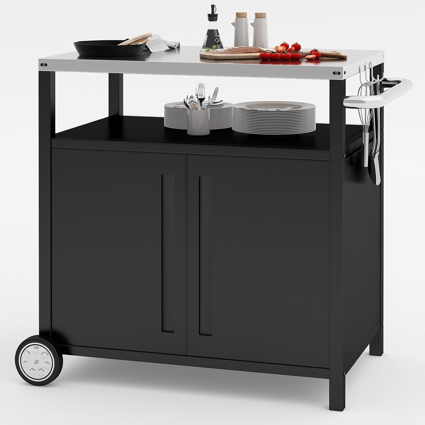 Stainless Steel Outdoor Grill Cart Pizza Oven Stand Trolley Table with Wheels Three-Shelf Movable Food Prep and Work Table Heavy Duty Grill Carts Outdoor Cart 31.5"×24"×35.5"
