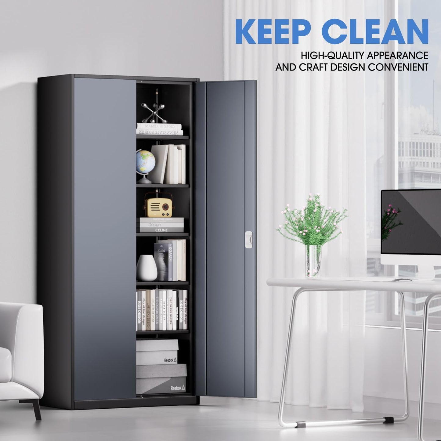 DNA MOTORING 71'' Metal Storage Cabinet, Locking Tool Cabinet with 5 Adjustable Shelves, Heavy Duty Metal Locker for Garage,Office,Home,Gym,Gray Black, TOOLS-00632-GY-BK-A