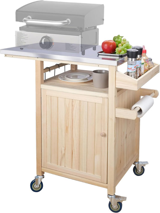 COOLBEBE Portable Outdoor Grill Table with Storage Cabinet, Moveable Solid Wood Outdoor Grill Cart with Wheels, Stainless Steel Top BBQ Cart Prep Table for Outside