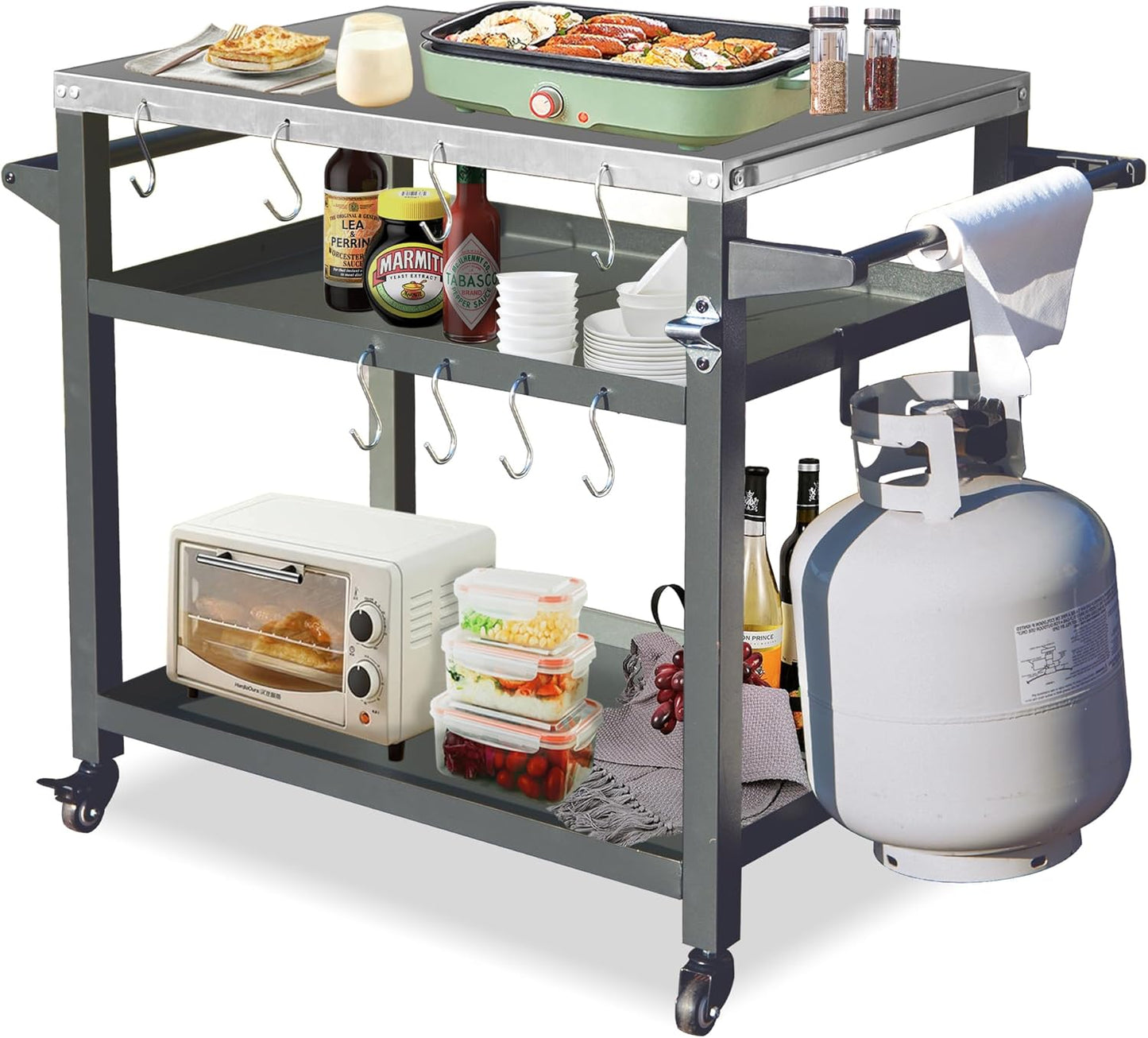 Domi 3-Shelf Outdoor Grill Table, Grill Cart with Wheels, Pizza Oven and Food Prep Table, Blackstone Griddle Stand with Propane Tank Hook for Outside BBQ