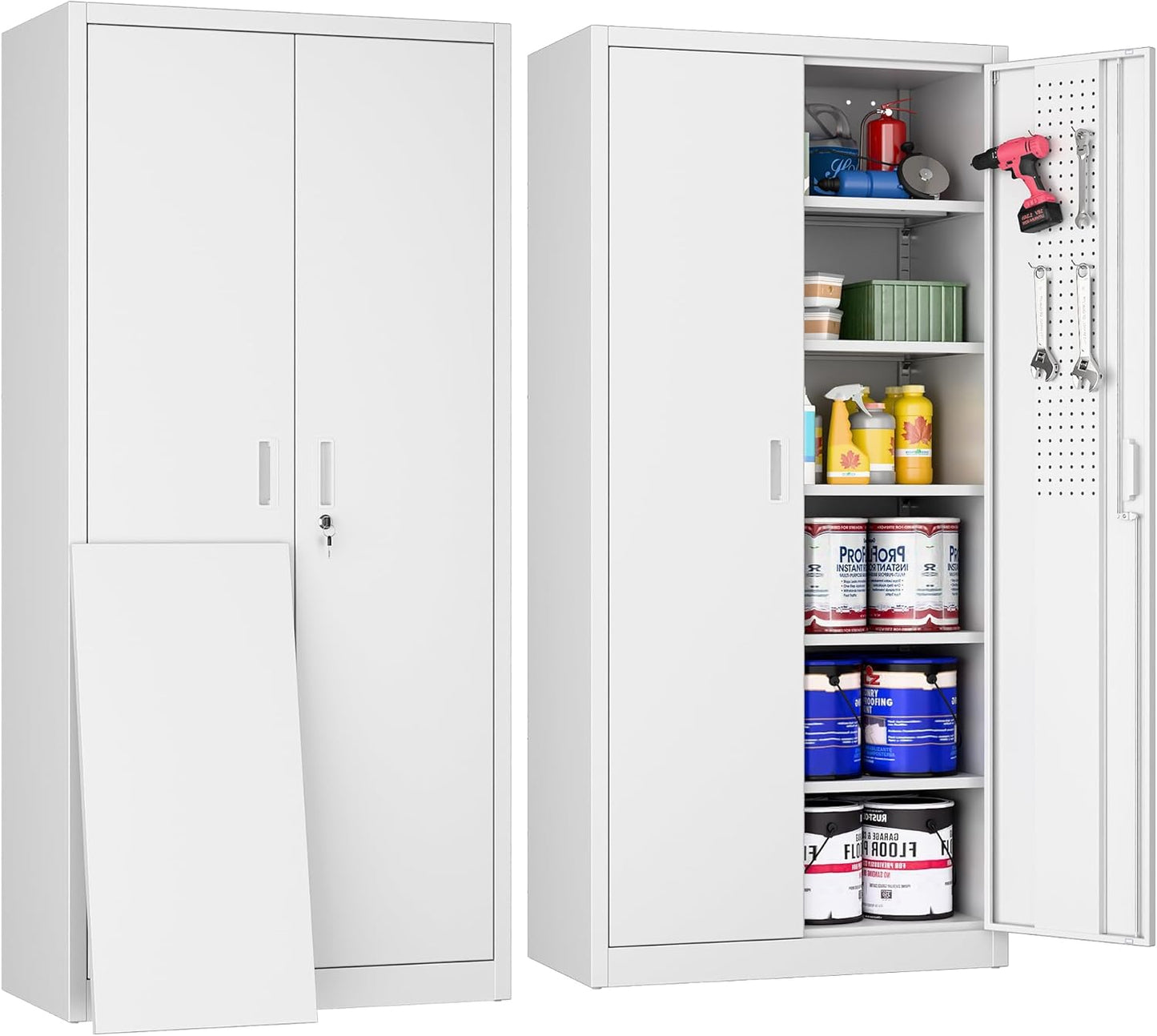Broom Closet Storage Cabinet with 5 Pegboard, Hanging Rod &13 Hooks, Utility Metal Garage Storage Cabinets with Doors and 4 Shelves for Garage Home Storage, Black,71.5" H x 34" W x 17" D
