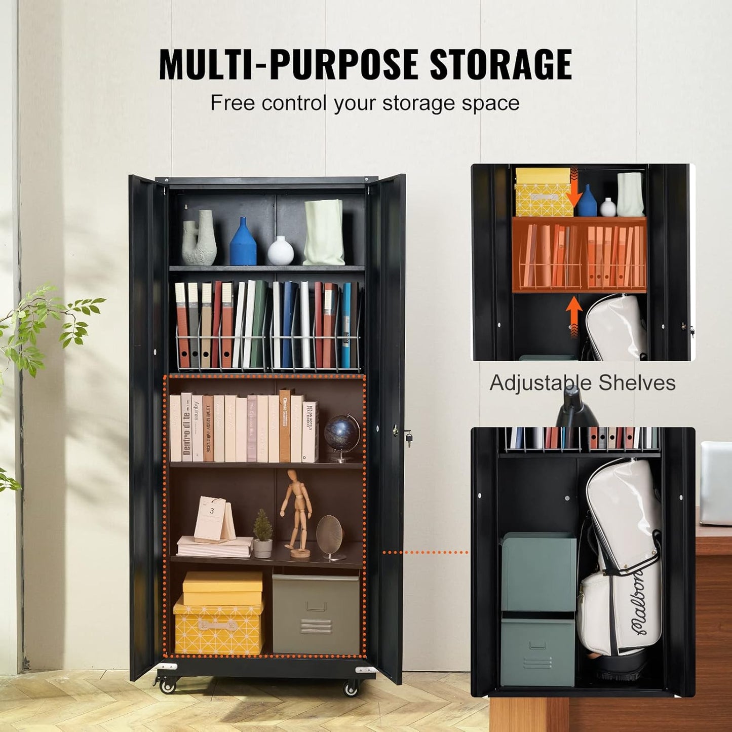 VEVOR Storage Wheels 75 in Locking 4 Adjustable Shelves & 2 Magnetic Doors, 200 lbs Capacity per Shelf, Metal Cabinet with 3 Keys for Home, Office, Garage, Black, C1-ETA-9005S（L）