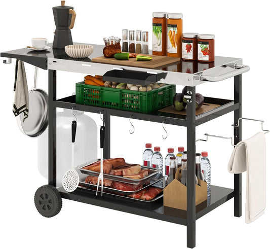 Outsunny Outdoor Grill Cart with Stainless Steel Tabletop, Three-Shelf Movable Grill Table with Wheels, Outdoor Pizza Oven Stand Serving Bar Cart Prep Table with Storage, Hooks for Patio, Backyard