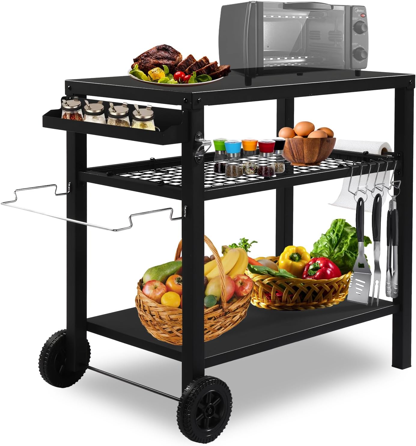 Outvita Outdoor Grill Cart, Movable Food Prep and Work Cart Table, Pizza Oven Stand Table with Wheels, Indoor & Outdoor Multifunctiona Stainless Steel Flattop BBQ Table for Home Party Camping
