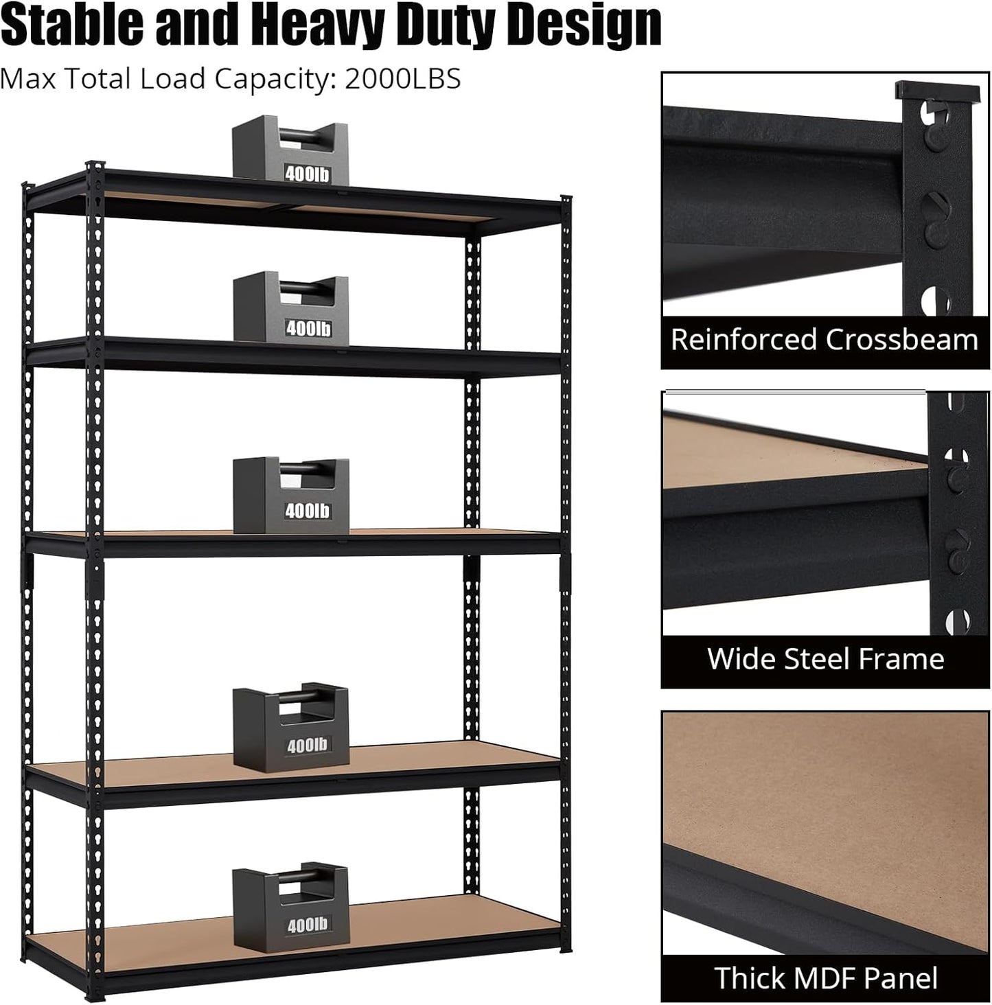 GarveeHome Heavy Duty Storage Shelves - 5 Tier 48 * 24 * 72in, Adjustable Garage Storage Shelving, Metal Storage Utility Rack Shelf Unit