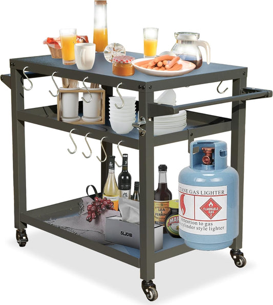 Domi 3-Shelf Outdoor Grill Table, Grill Cart with Wheels, Pizza Oven and Food Prep Table, Blackstone Griddle Stand with Propane Tank Hook for Outside BBQ