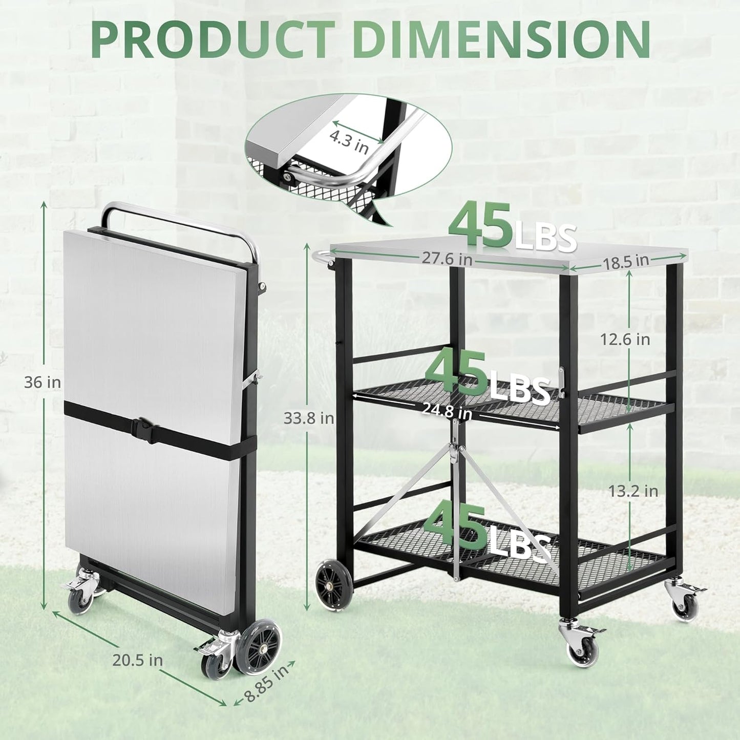 LUE BONA Foldable Outdoor Grill Cart with 2 Total Lock Casters, Stainless Steel Pizza Oven Stand, Rolling BBQ Table and 3 Shelf Folding Kitchen Island, Black