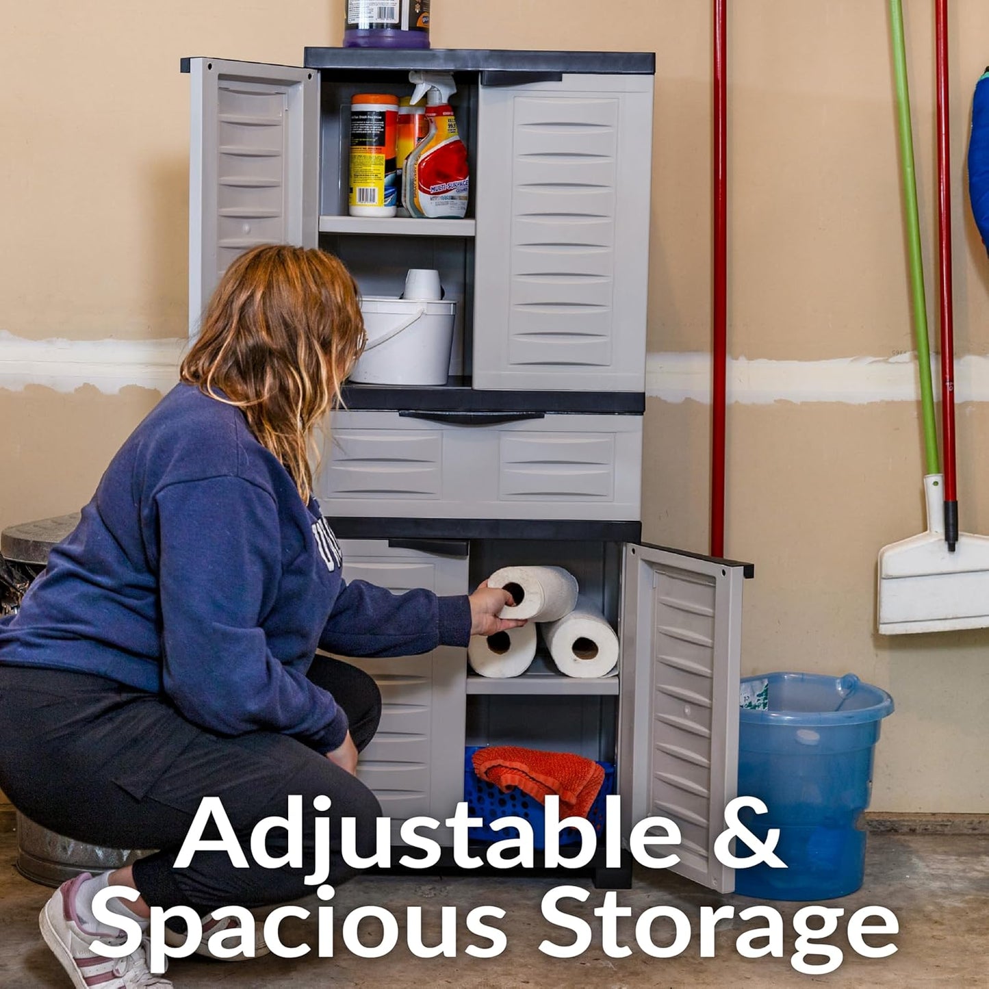 Sunnydaze Plastic Garage Storage Cabinet with 2 Adjustable Shelves - 57" H - Garage, Office, Home, Laundry Room - Gray with Charcoal Trim