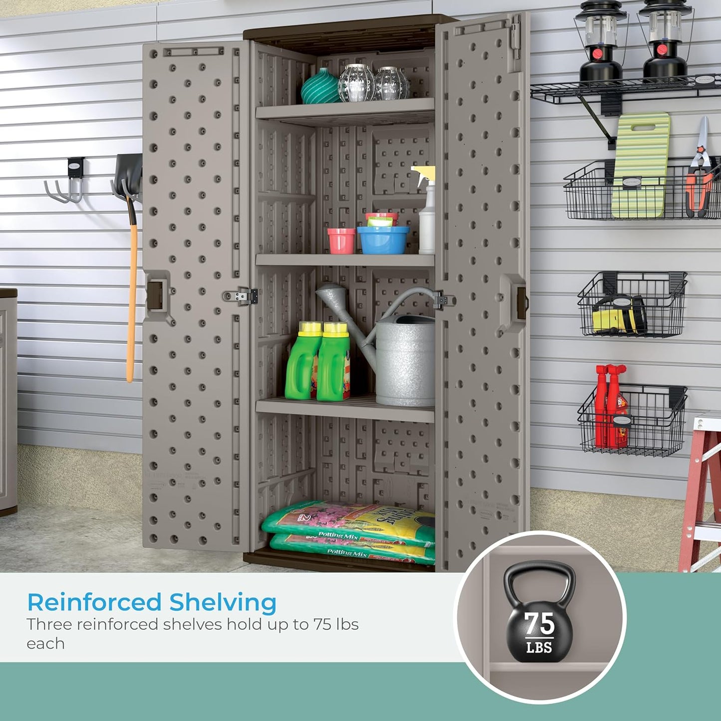 Suncast Tall Storage Cabinet, Platinum Resin Outdoor & Garage Storage Cabinet with Doors & Shelves, Plastic, Weather-Resistant, Lockable, Freestanding Utility Closet for Tools & Supplies, Made in USA