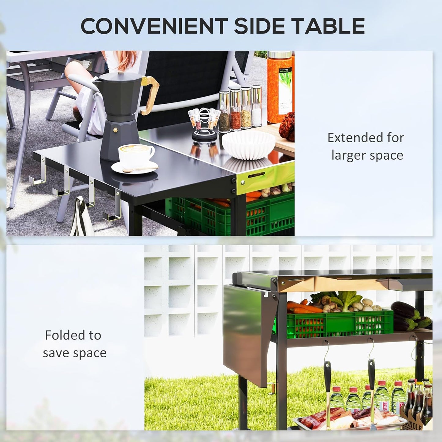 Outsunny Outdoor Grill Cart with Stainless Steel Tabletop, Three-Shelf Movable Grill Table with Wheels, Outdoor Pizza Oven Stand Serving Bar Cart Prep Table with Storage, Hooks for Patio, Backyard