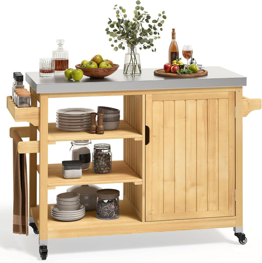 DWVO XL Outdoor Grill Cart, Solid Wood Grill Table, Prep Table with Stainless Steel Top, Outdoor Kitchen Cart with Storage Cabinet for Patio, Grilling Accessories, Light Brown
