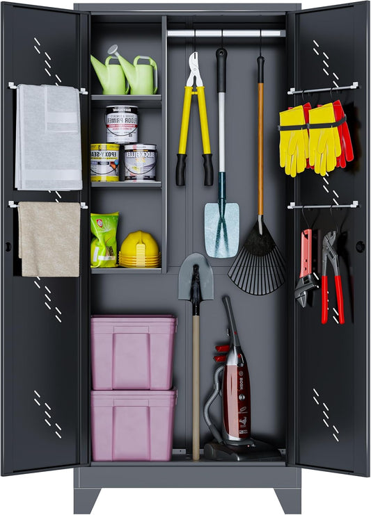 75" Heavy-Duty Metal Storage Cabinet with Lock - Wide & Deep Steel Tool Locker for Garage, Basement, Home Office - Outdoor/Indoor Pantry Organizer Cabinet
