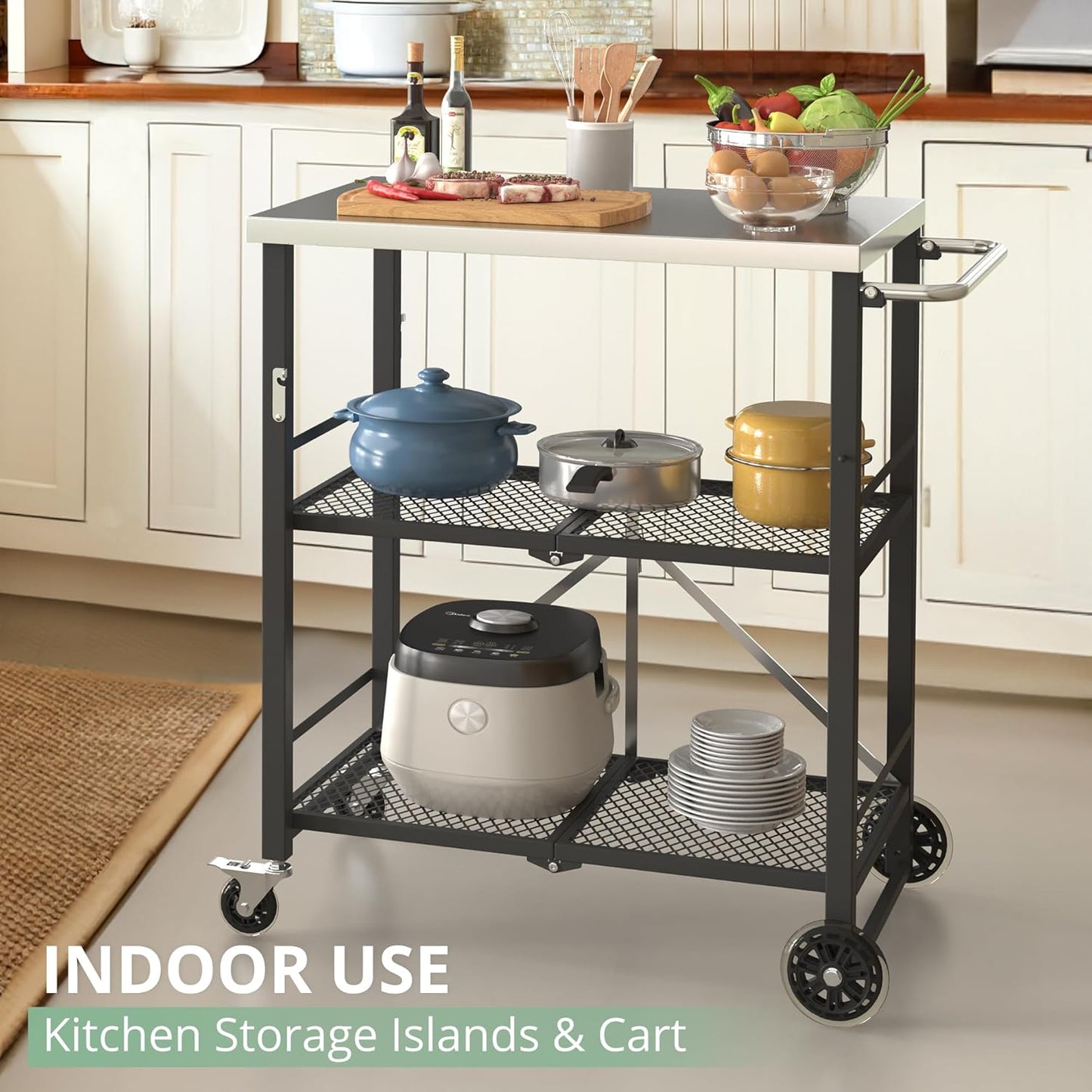 LUE BONA Foldable Outdoor Grill Cart with 2 Total Lock Casters, Stainless Steel Pizza Oven Stand, Rolling BBQ Table and 3 Shelf Folding Kitchen Island, Black